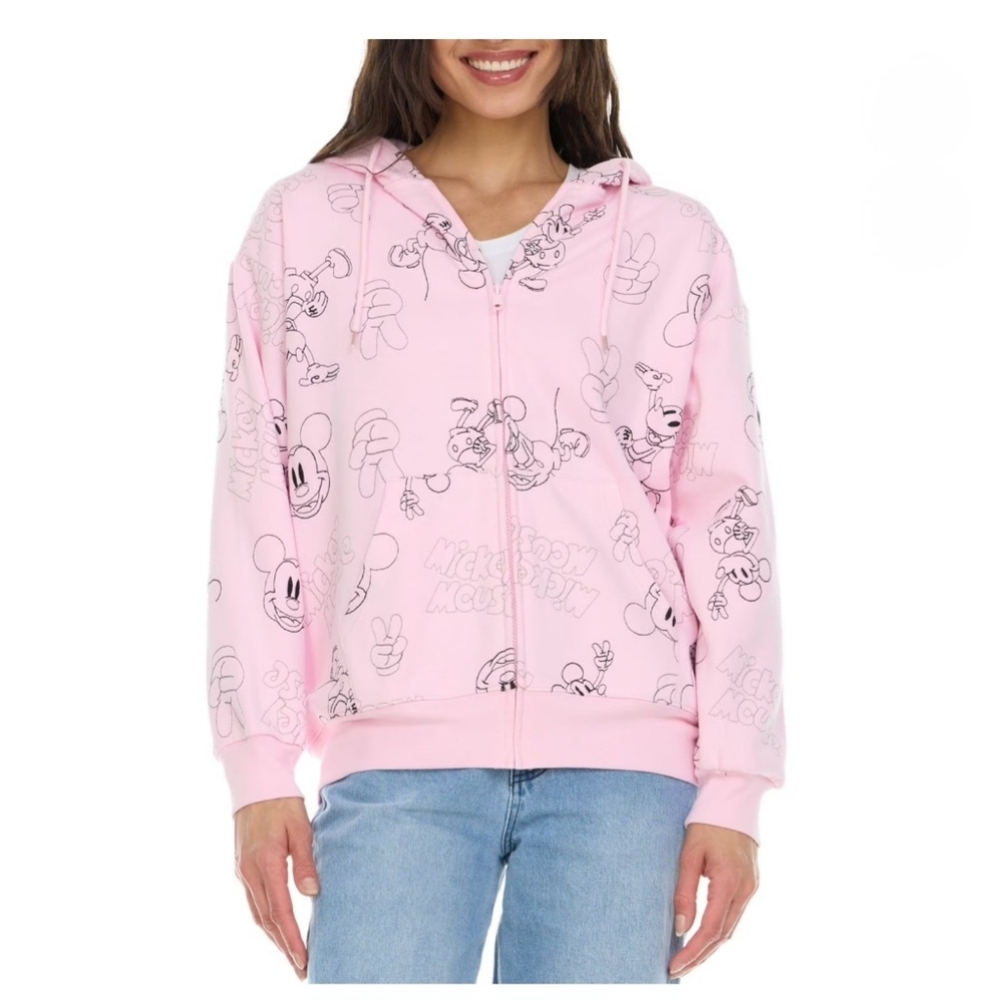 Disney Women Mickey Mouse Full-Zip Hoodie Jacket Embroidered Characters Pink XL